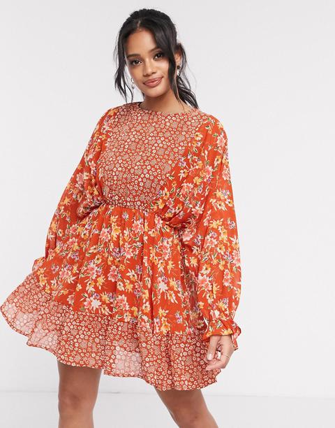 Asos Design Mixed Floral Print Mini Skater Dress With Fluted Cuffs-multi