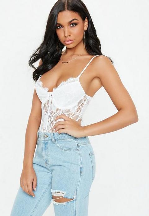 White Strappy Non-wired Lace Panel Bodysuit, White