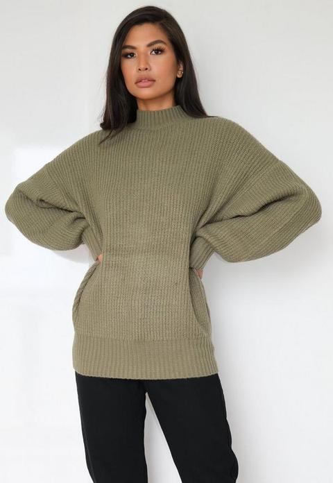 Khaki High Neck Balloon Sleeve Boyfriend Jumper, Kahki