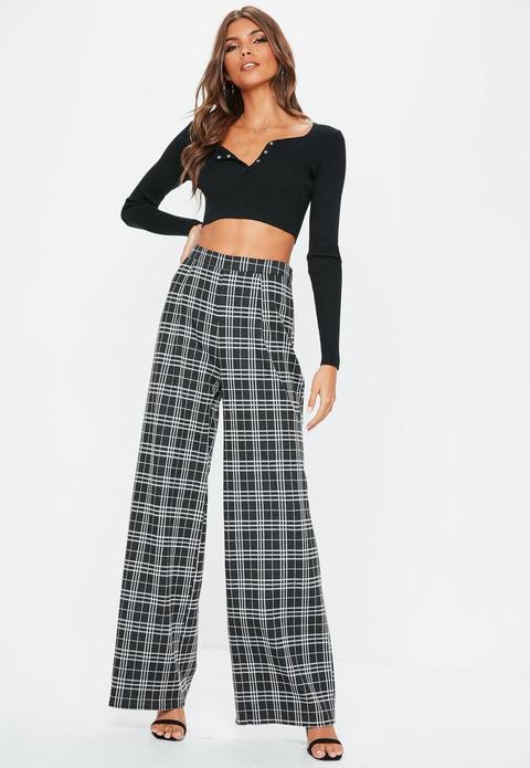 Black Wide Leg Check Trousers, Black