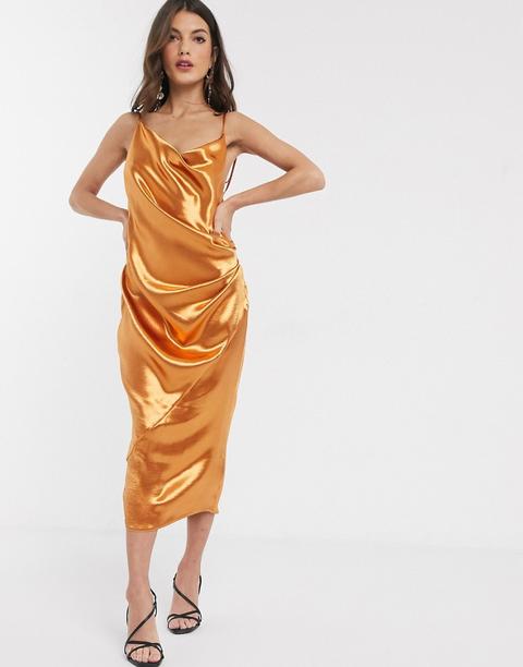 Asos Design - Robe Nuisette Mi-longue En Satin Ultra Brillant À Effet Drapé-doré