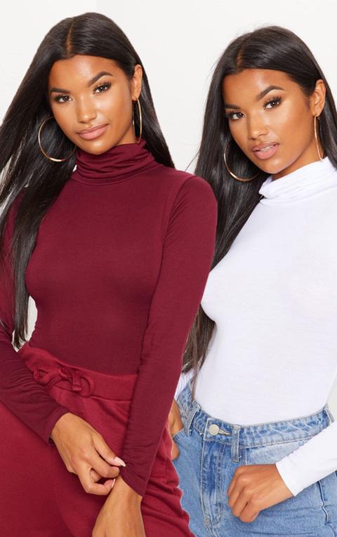 Basic Maroon & White 2 Pack Roll Neck Long Sleeve Bodysuit