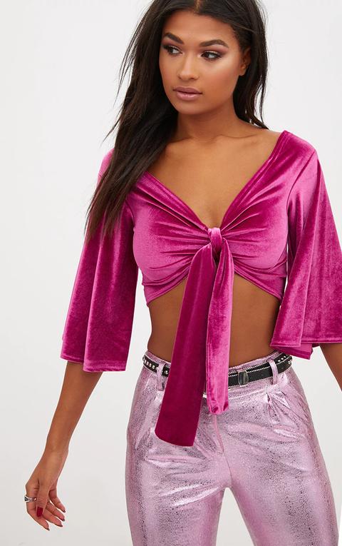 Pink Velvet Tie Front Flare Sleeve Tie Front Crop Top, Pink