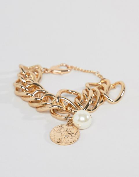 Missguided Chunky Bracelet In Gold With Coin And Pearl Charms