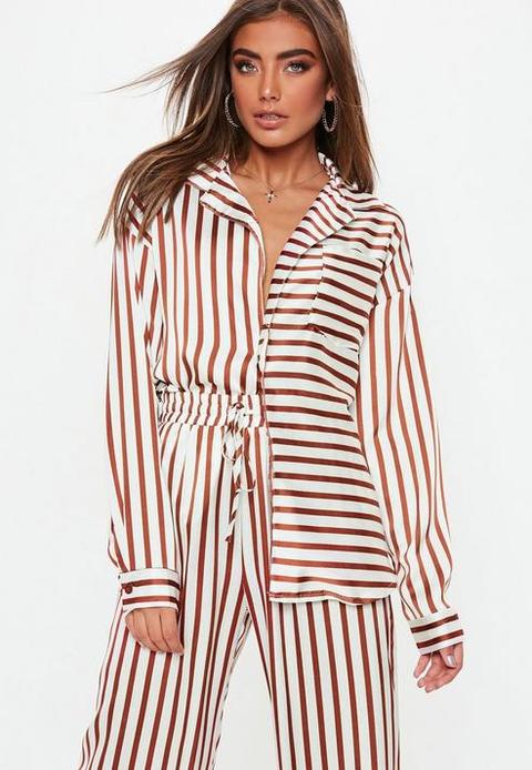 White Striped Oversized Satin Shirt, Brown