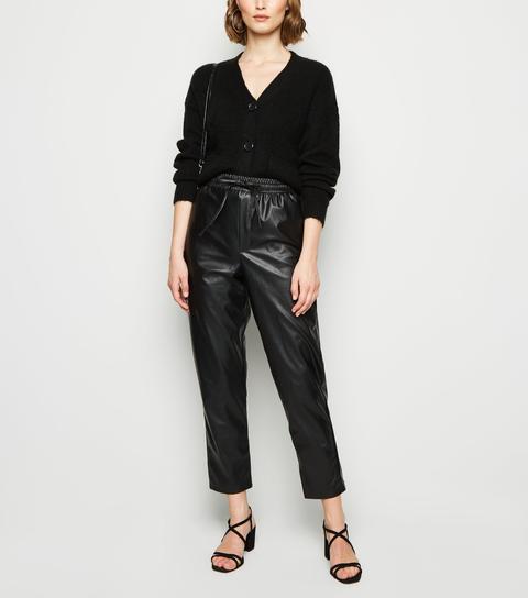 Black Coated Leather-look Tie Waist Joggers New Look