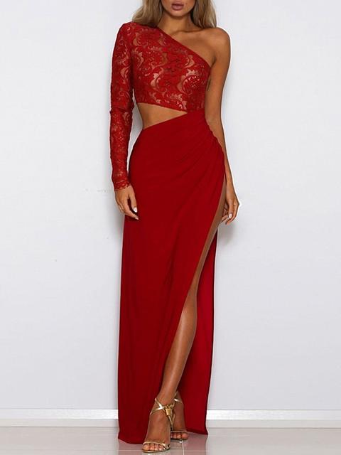 Red Patchwork Lace Irregular 2-in-1 Cut Out Maxi Dress