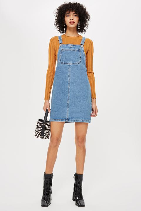 Womens Denim Pinafore Dress - Mid Stone, Mid Stone