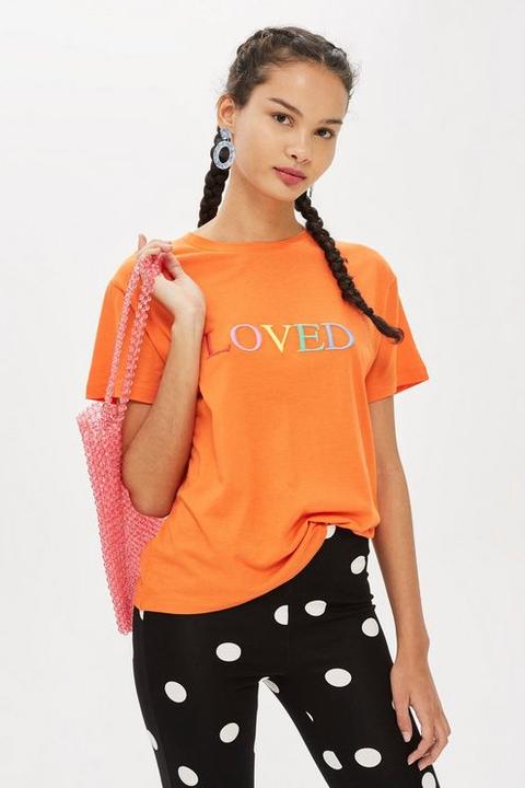 Womens Petite 'loved' Embroidered T-shirt - Orange, Orange