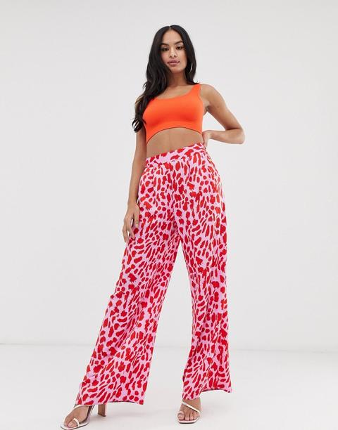 Asos Design - Pantaloni Con Fondo Ampio E Stampa Animalier Rosa E Rossa - Multicolore