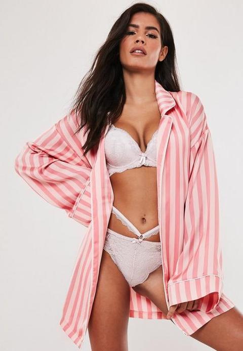 Pink Satin Stripe Satin Dressing Gown, Pink