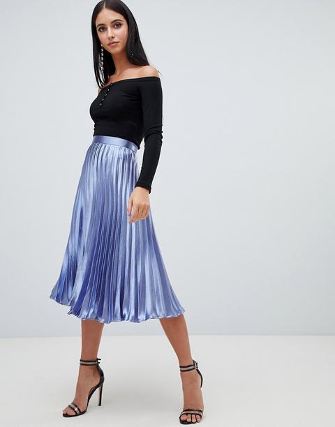 Missguided - Gonna Midi Plissettata Blu In Raso Martellato - Blu