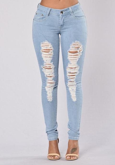 Jeans Lunghi Cerniera Vita Alta Strappato Maglione Denim Azzurro from  Cichic on 21 Buttons