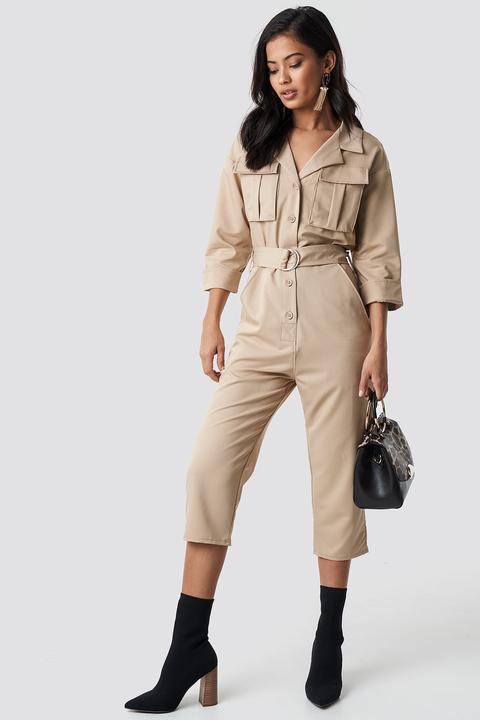 Front Pockets Belted Jumpsuit Beige