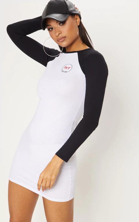 White Embroidered Plt Long Sleeve Contrast Bodycon Dress, White