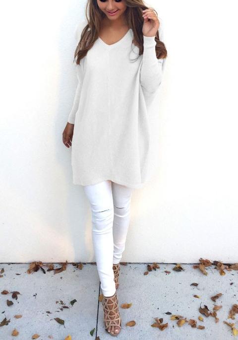 Maglione Semplice V-collo Maniche Lunghe Sciolto Bianco