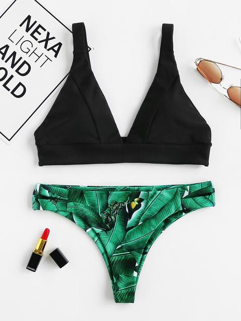 Set De Bikini Con Estampado De Hoja De Palma De Talla Grande
