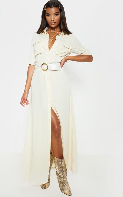 Cream Short Sleeve Maxi Shirt Dress, White