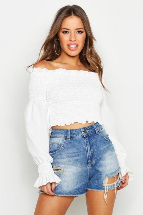 Womens Petite Shirred Off The Shoulder Top - White - 10