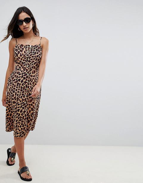 Asos Design Button Through Midi Linen Sundress In Leopard Print