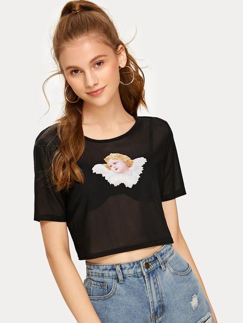 Camiseta Corta De Malla Fina Con Estampado De Ángel