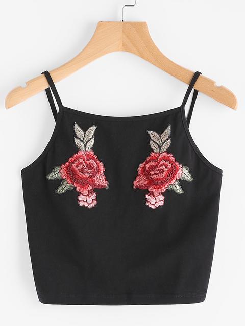 Embroidered Rose Applique Crop Cami Top