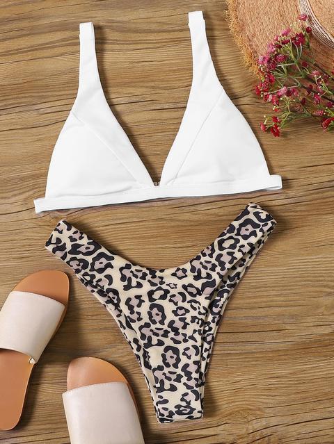 Bikini Top Triángulo De Pierna Alta Con Estampado De Leopardo