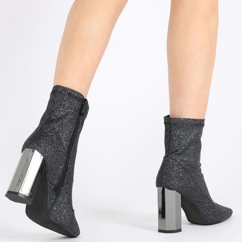 Kriss Mirror Heeled Ankle Boots In Black Glitter