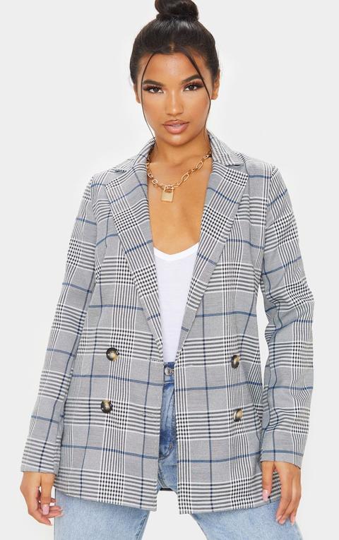 Grey Checked Button Woven Blazer