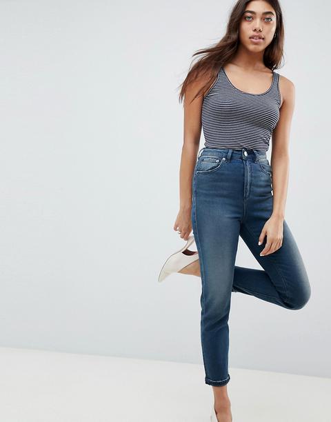 Asos Design - Farleigh - Mom Jeans Slim A Vita Alta Lavaggio Turya Blu Antico - Blu