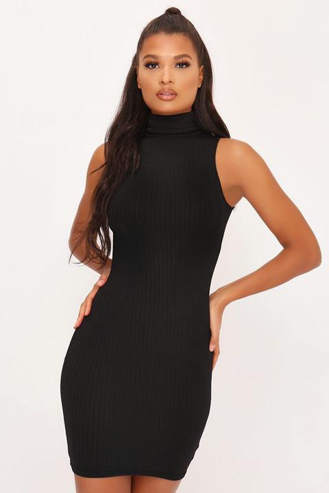 Black Sleeveless Roll Neck Ribbed Mini Dress