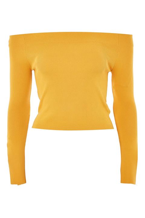 Womens Bardot Split Sleeve Knitted Top - Mustard, Mustard