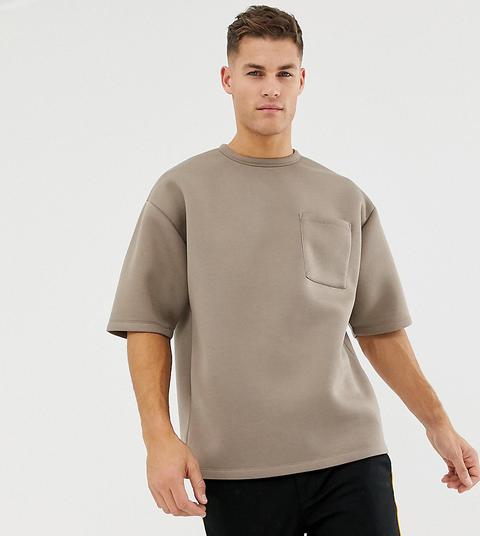 Asos Design Oversized T-shirt With Half Sleeve In Scuba Fabric With Pocket In Beige