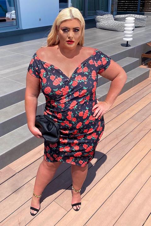 Black Dresses - Plus Size Gemma Collins Floral Print Scuba Crepe Bardot Wrap Mini Dress