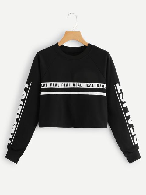 Slogan Print Striped Sweatshirt