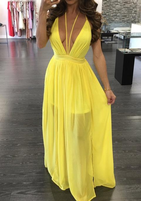 Maxi Vestito Scollo A Spillo Con V-collo Profonda Festa Bohémien Con V-collo Giallo