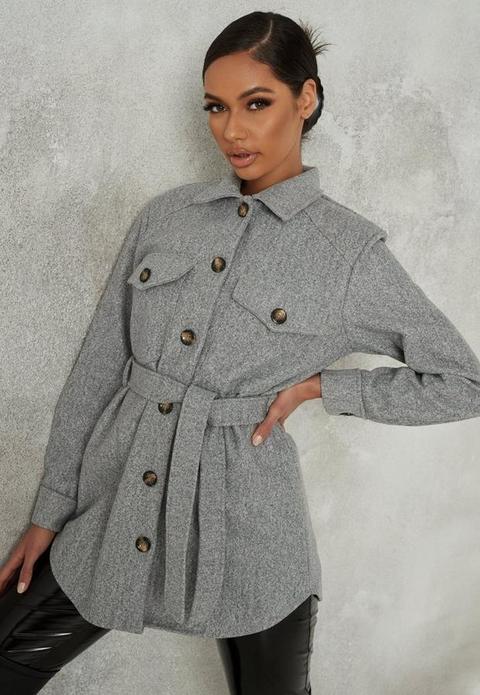 Grey Belted Brushed Back Shacket, Grey