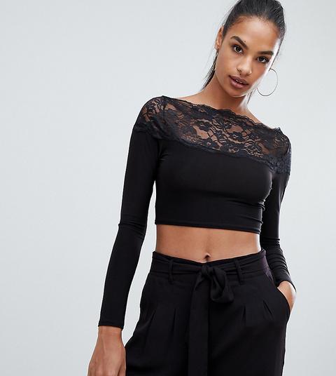 Boohoo - Top Corto Nero Con Bordo In Pizzo - Nero