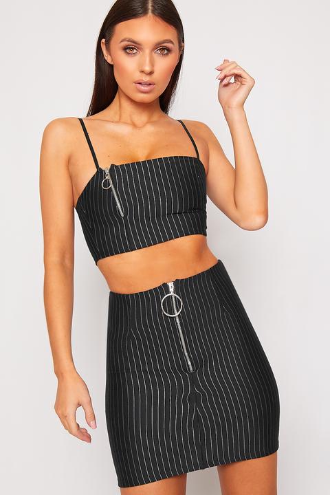 Adrianna Pinstriped Zip Bralet Mini Skirt Co-ord Set - Navy Blue