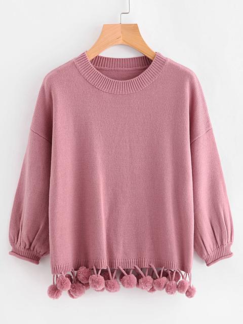 Lantern Sleeve Pom Pom Trim Jumper