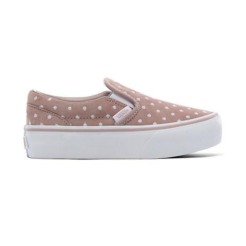 Vans Kids Suede Polka Dot Classic Slip-on Shoes (4-8 Years) ((suede Polka Dot) Shadow Gray/true White) Kids Pink