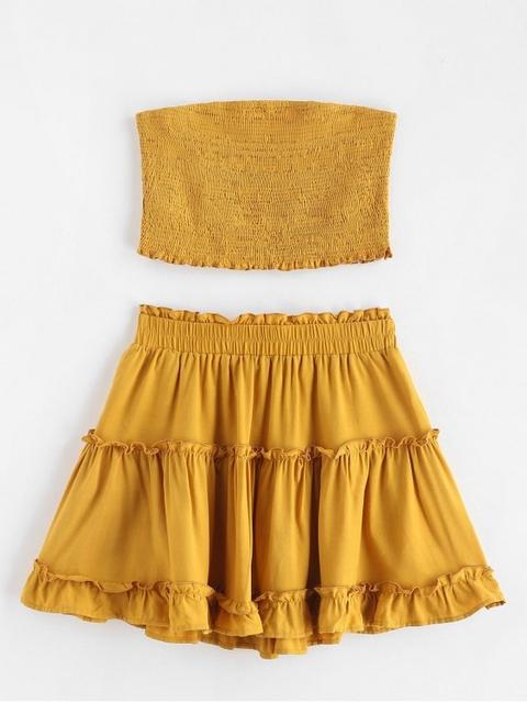 Conjunto De Falda Y Top Palabra De Honor Smocked De Zaful Orange Gold