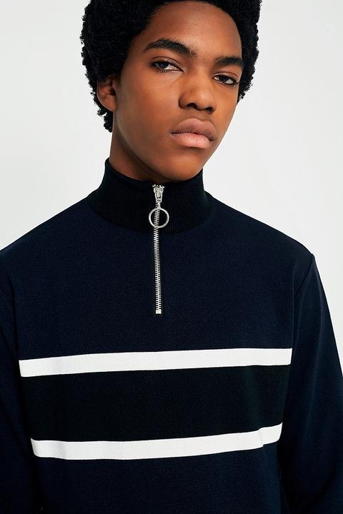 Uo Navy Placement Half-zip Mock Neck Jumper