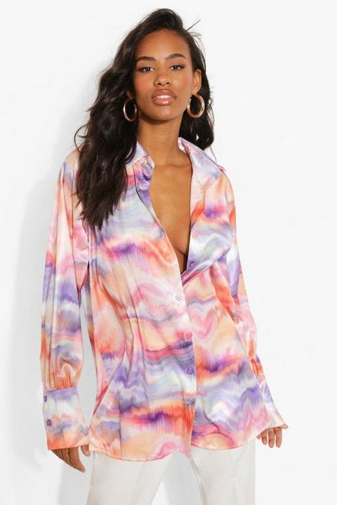 Womens Abstract Print Oversized Satin Shirt - Multi - 6, Multi