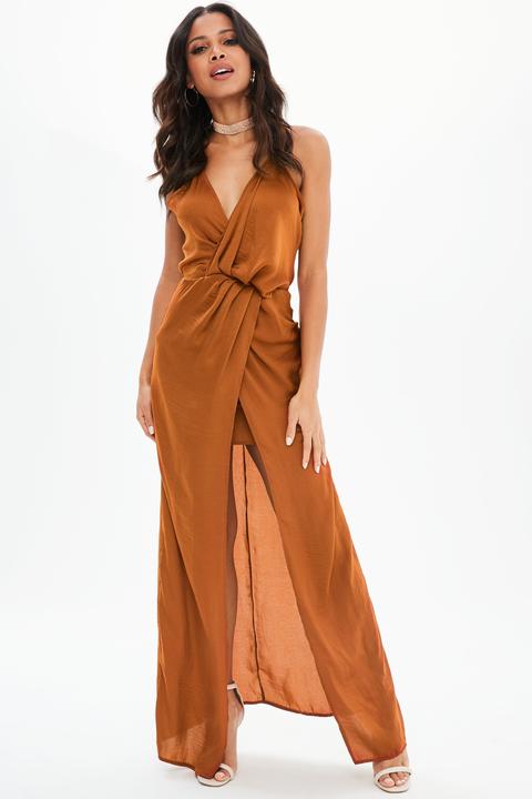 Brown Satin Front Split Wrap Maxi Dress