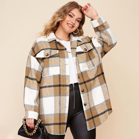 Plus Flap Pocket Front Drop Shoulder Plaid Overcoat