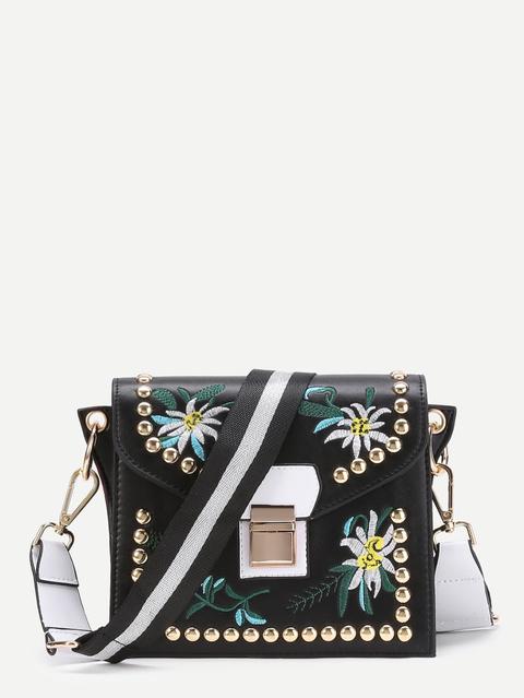 Flower Embroidery Crossbody Bag With Studded