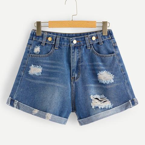 Shorts In Denim Strappati Slavati Con Orlo Arrotolato