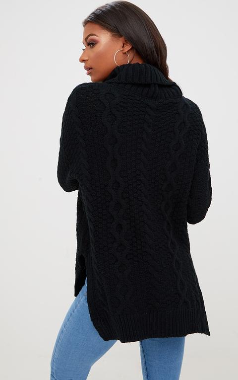 Black Chunky Cable Knit Roll Neck Jumper