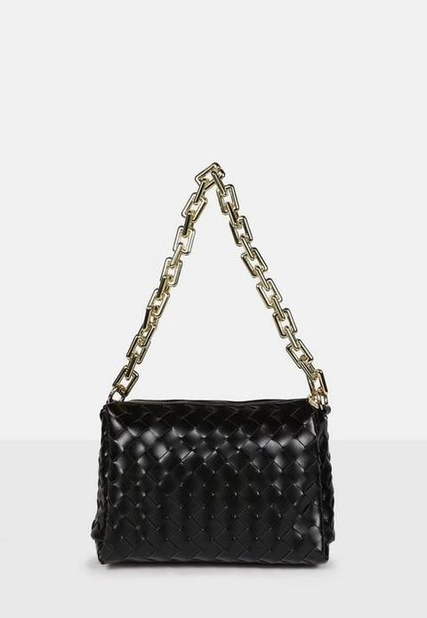 Black Woven Chain Strap Shoulder Bag, Black